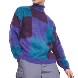 ASOS Design Fluffy Knit Checkerboard Roll Neck Jumper in Blue/Purple, Size S